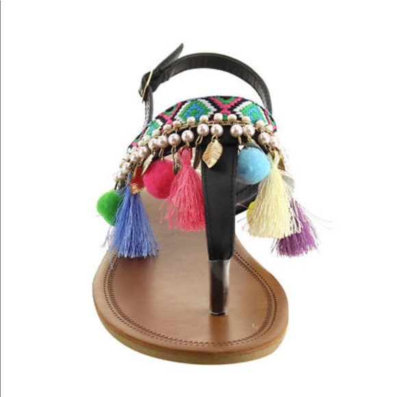 Slingback Pom Pom Tassel Sandal Ankle Strap Thong - Picture 2 of 4